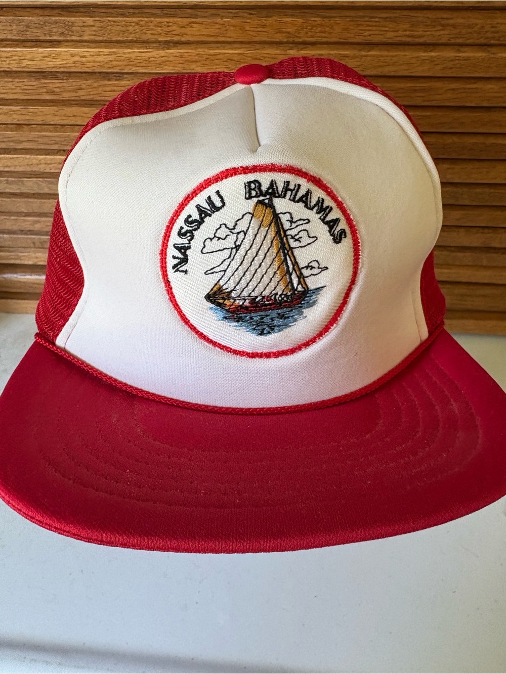 Vintage Red White Nassau Bahamas Patch Trucker SnapBack Hat